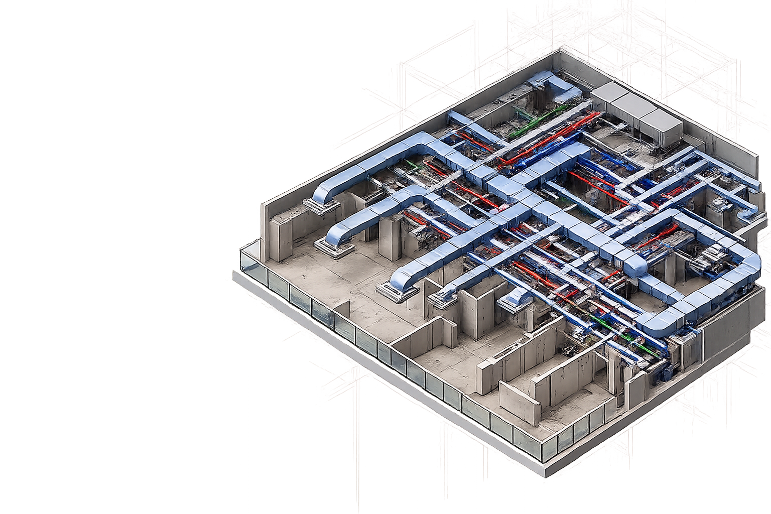 BIM cutaway of a high-rise residential floor showing MEP ductwork and piping